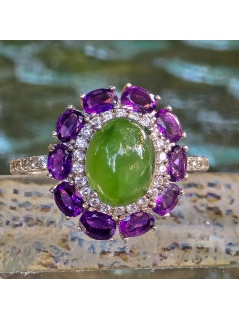 925 Sterling Silver Ring Sz 8 with Natural Jade 8x10mm & Amethyst Gems